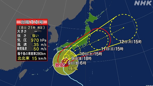 Tufão n°14 passou pela província de Kagoshima na noite de quinta-feira